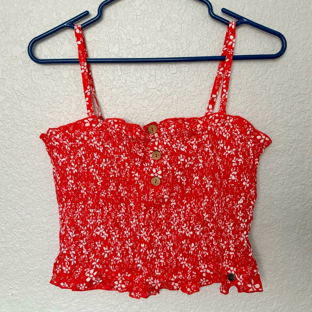 NEW Roxy Cropped Camisole Tube Top Smocked Ruffles Floral Red White Size L